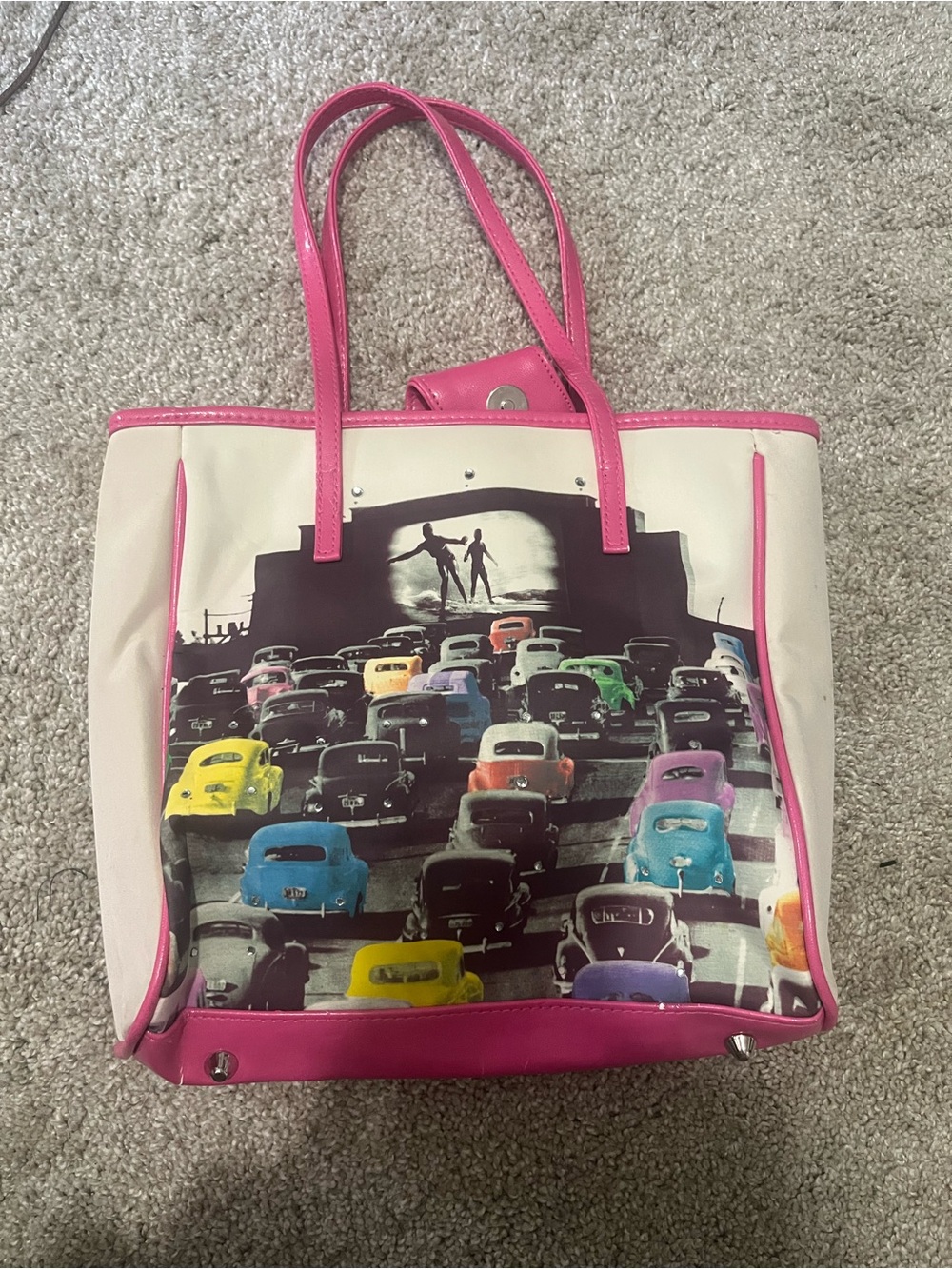 Pink-Trim Canvas Tote with Multicolor Retro Car Scene